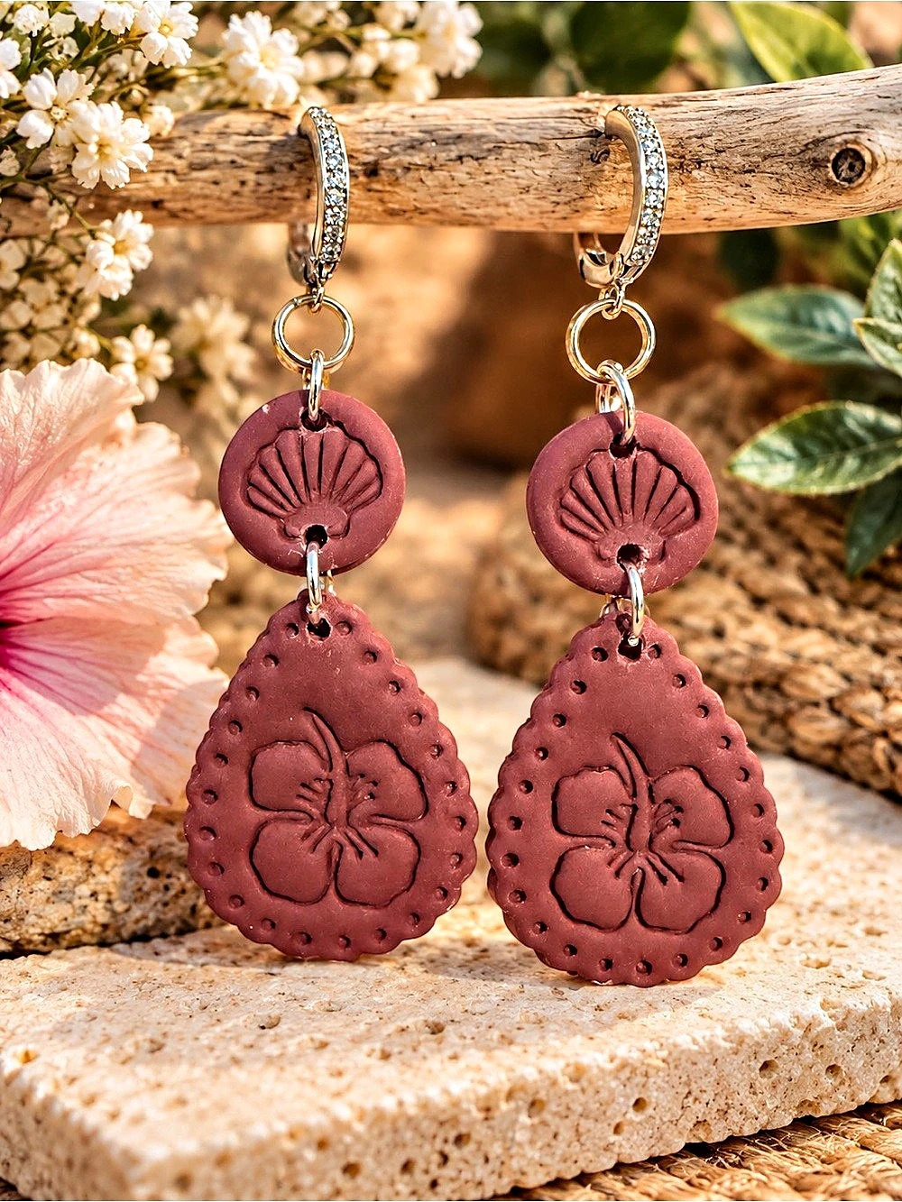 Floral Dangle Earrings in Red & Gold